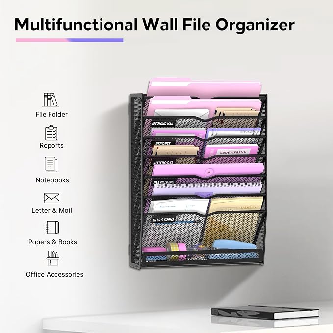 8-Tier Wall File Organizer with Base, Wall Mounted File Holder | Vertical Hanging File Organizer with Open Compartments and Label Holders for Mail, Folders and Paperwork at Home or Work