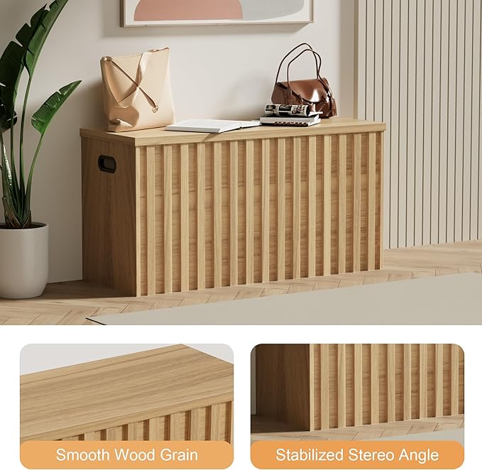 Storage Bench,39.4" Wood Box, Storage Trunk with 2 Safety Hinges, Ottoman Storage Chest, Fluted Storage Bench for Bedroom, Entryway, Living Room(Natural Wood)