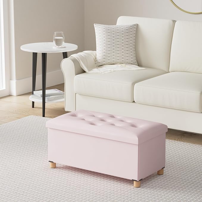 BRIAN & DANY 30 Inches Folding Storage Ottoman Bench, Ottoman with Storage for Living Room, with Wooden Feet and Lid, Pink