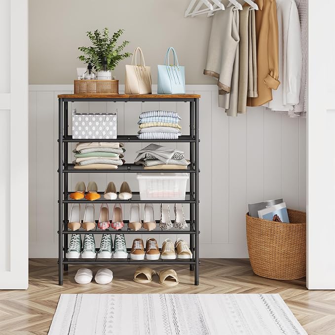 6 Tier Shoe Rack for 20-24 Pairs of Shoes, Rustic Brown & Black | Sturdy & Durable, X Shape Fixed Frame, Metal Mesh Shoe Shelf, Industrial, For Closet, For Entryway Shoe Storage
