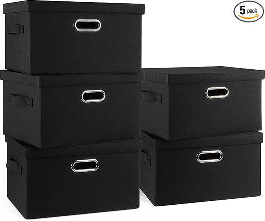 Graciadeco Medium 15" 21 Quart Collapsible Stackable Storage Bins with Lids, 5 Packs Black Foldable Fabric Closet Storage Boxes with Lids, Lidded Heavy-duty Linen Baskets(15x11x8) | 21 Quart 5 Pack Black Collapsible Stackable Linen Fabric 4 Handles Bed...