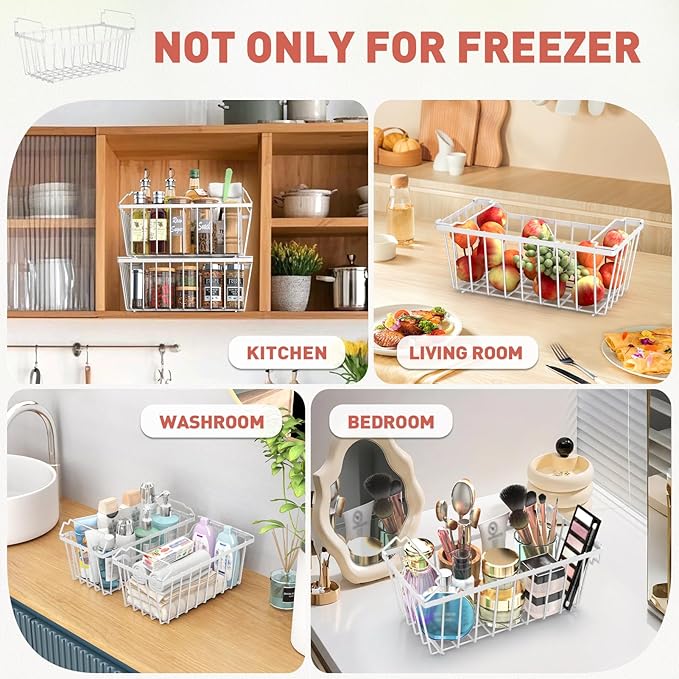 Goovilla Freezer Organizer Bins for 5-7 Cu.FT Chest Freezer,8 Pack White | Foldable Handle Stackable Freezer Baskets, Coated Metal Freezer Storage Bins with Better Space Utilization, Deep Organization