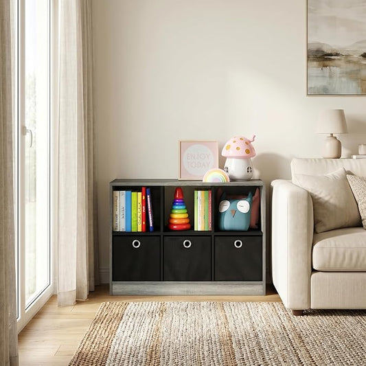6-Cube Bookshelf with Storage Bins, Cube Bookcase, Book Shelf with Storage Bins, 11.9 x 31.6 x 23.6, for Organization and Storage, Home Office, Living Room, French Oak