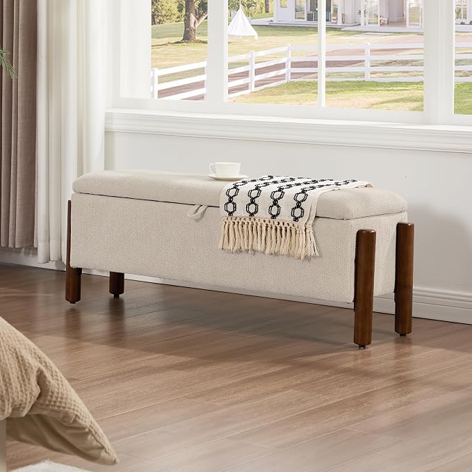 55'' Modern Storage Ottoman Benches | Walnut Wood Legs 26 Gallons Storage Space Fabric Upholstered Seating End of Bed for Bedroom Livingroom Beige