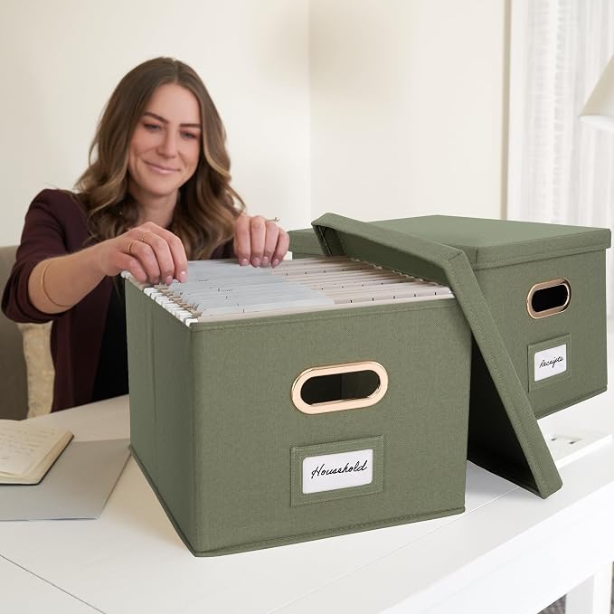 Decorative File Organizer Box Set of 2 - Collapsible Linen Filing Cabinets with Handles Are Perfect to Store All Your Documents & Hanging File Folders - Portable Easy Slide Office Crates with Lid