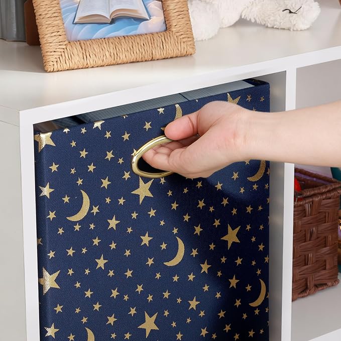 Posprica 13x13x13 Storage Cube Bins, Collapsible Storage Bins Fabric Storage Cubes Organizer Baskets Box Drawers for Shelves, Closet, Wardrobe, Bookshelf, Cabinet, Blue-Moonstar, 4 Pack
