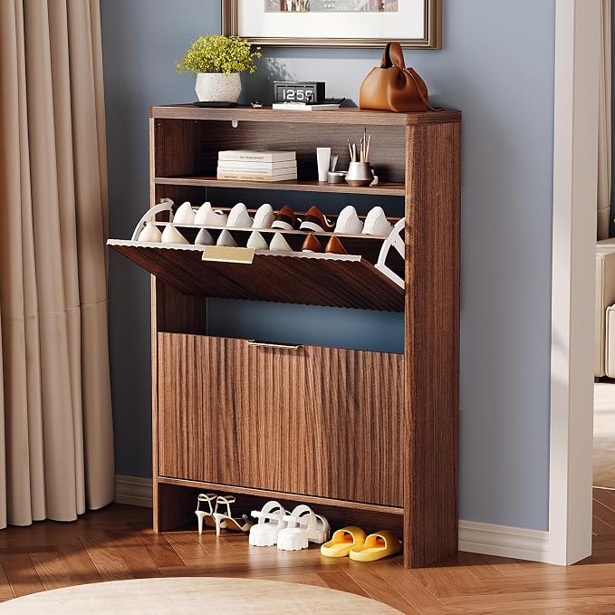 VINGLI Walnut Slim Shoe Cabinet for Entryway, Curved Hidden Shoe Storage Cabinet with 2 Flip Drawers & Open Shelf, Modern Narrow Shoe Organizer with Fluted Panel & Anti-Tip Kit, 32.7" W, Dark Wood