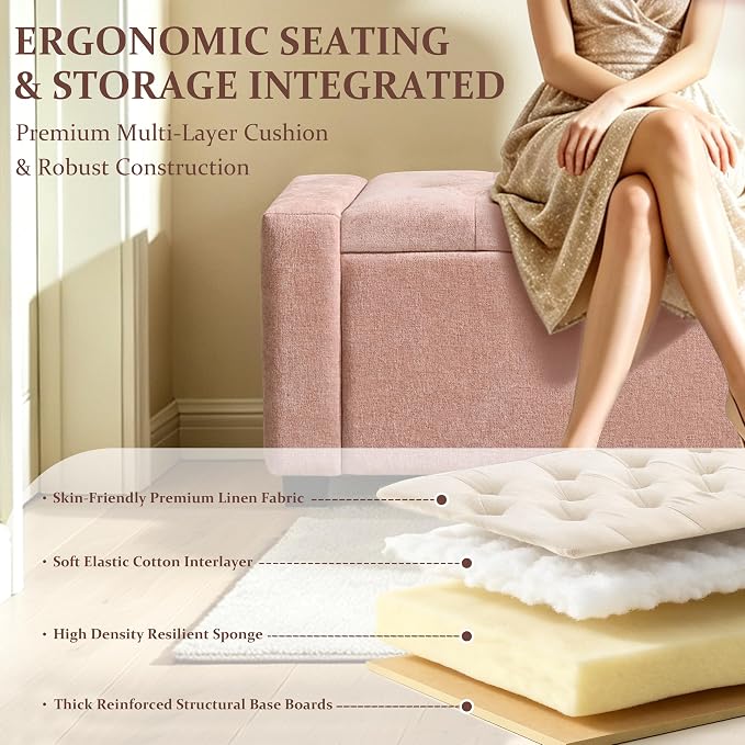 Royal Windsor 48" Ottoman with Storage,Tufted Storage Bench with Safety Hinge,Holds up to 350 lb,Upholstered Bench with Seating for Bedroom,Living Room,Entryway,Linen Pink