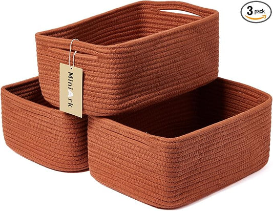 MiniArk Small Storage Baskets for Organizing | Closet Organizer Bins | Shelf Toy Basket | Woven Rope Baskets | Cube Decorative Box | Shallow Basket | 13x8.5x5.1” | 3 Packs Oxide Red