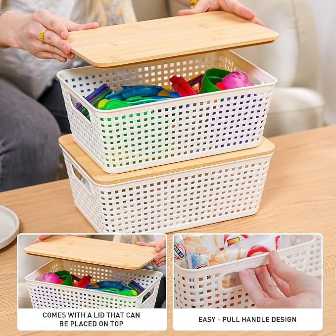 Small Storage Bins with Lids 6 Packs, Plastic Storage Basket with Bamboo Lid for Pantry Organization and Storage Containers for Shelves Drawers Desktop Closet Playroom Office Home, White