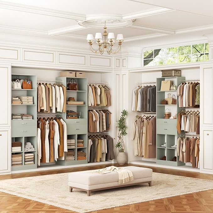 Besiost Closet System, 4-8 FT Closet Organizer Tower with 2 Wooden Drawers and Shelves, Can Fit 60 to 96 inch Walk-in Closet System with 5 Hang Rods, Built-in, Crab Green