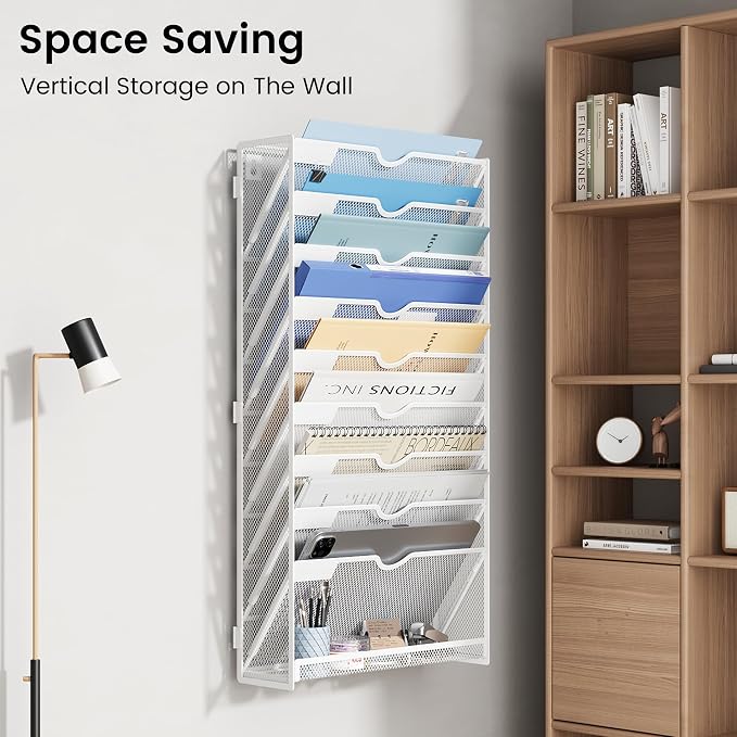 10-Tier Wall Mounted File Organizer, Metal Mesh Paper Holder (White)