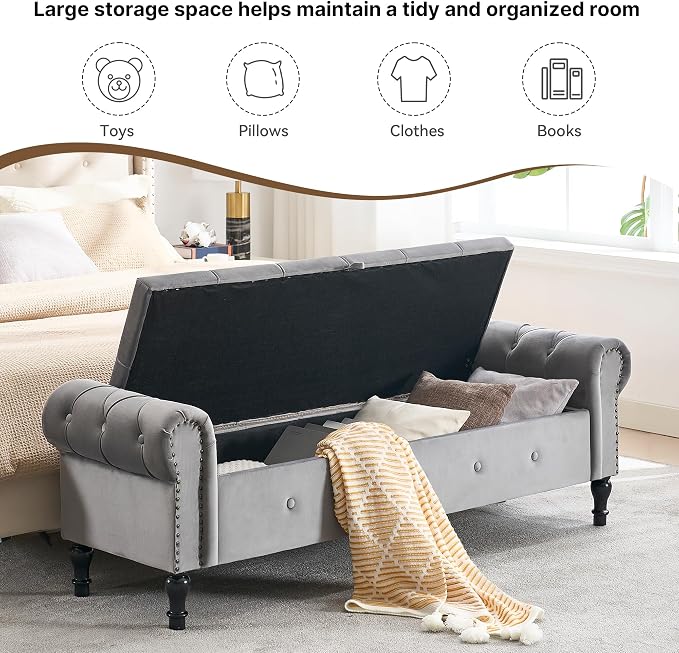 Storage Bench 67" Velvet End of Bed Benches Light Grey | King Size Storage Bench for Bedroom with Rolled Arms Tufted Ottoman Benches Upholstered Bench for Living Room Entryway