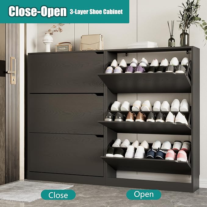 Xixini Shoe Storage Cabinet for Entryway with 3 Flip Drawers, Sturdy Wood Hidden Shoe Storage, Freestanding Narrow Slim Shoe Organizer for Front Door Entrance, Living Room, Hallway, Bedroom, Black