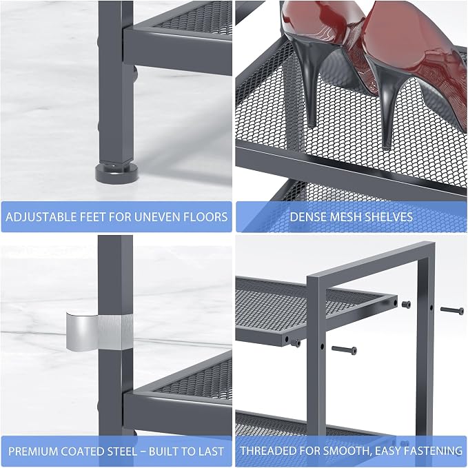 Shoe Rack, Expandable Shoe Rack for Closet, Adjustable Shoe Organizer for Entryway, Shoe Storage Organizer for Door Entrance, Garage, Bedroom (Grey, 4-Tier)