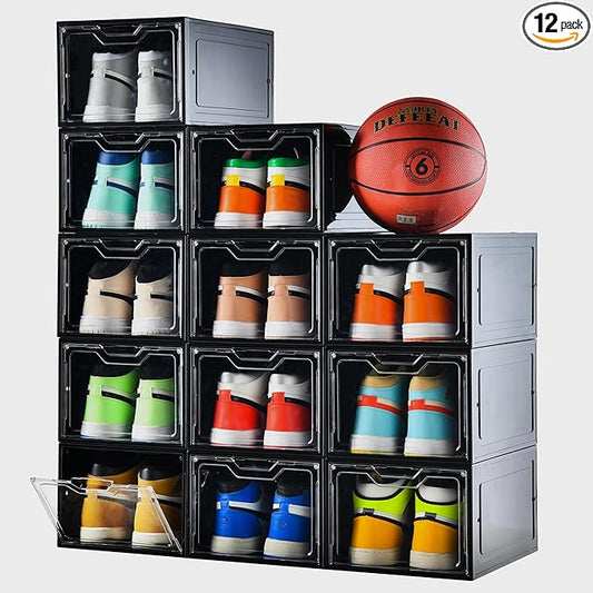 Stebopum 12 Pack Shoe Boxes Organizer, Magnetic Door Shoe Storage Boxes, Clear Sneaker Storage Box for Women/Men, Fit up to US Size 12