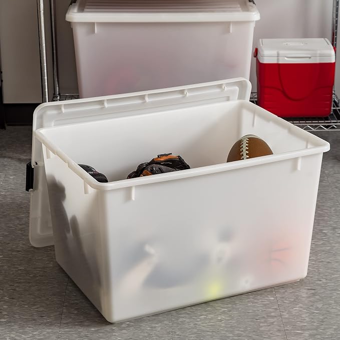 IRIS USA 3-Pack 144 Qt Stackable Storage Bins with Lids, Pearl | High-capacity opaque design is ideal for blankets, comforters and seasonal décor, Stackable and nestable