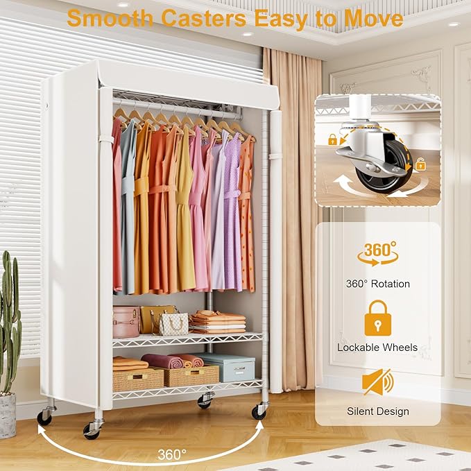 P6C Rolling Clothes Rack with Cover, 3-Tier Covered Clothing Rack | Portable Closets for Hanging Clothes, Heavy Duty Garment Rack on Wheels, White Closet Rack with White Cover, Max Load 365LBS