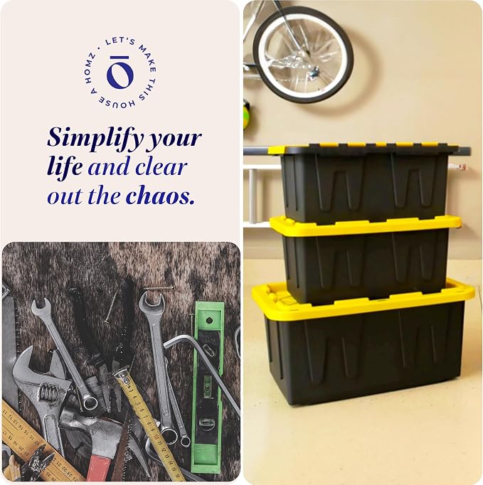 HOMZ 6-Pack Durabilt Tote, Heavy Duty Plastic Storage Bins with Lids, 15 Gallon, Black/Yellow - Stackable Organizing Containers for Home, Garage, and Office