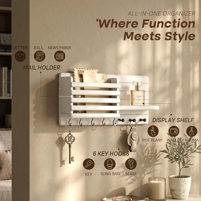 Rebee Vision Key Holder Wall Mount with Mail Slot for Hoom Decor, White | Pine Wood, Key Holder for Wall, Storage Shelf, 8 Key Hooks, Dog Leash Storage, Mail Organizer, key Hanger Apartment Aesthetic