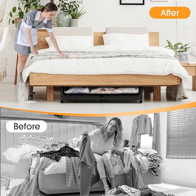 SpaceHacks Under Bed Storage with Wheels 1Pack Storage Containers with Clear Window&Label Under Bed Drawers Rolling Under Bed Storage for Clothes,Shoes, Blankets (30.71 x 16.93 x 6.69 in, Black)