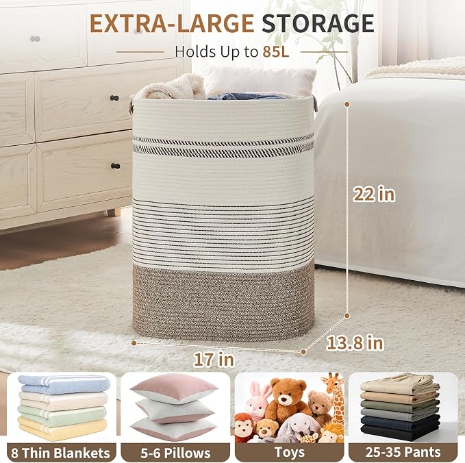 AINUOQI Laundry Hamper - Tall Woven Rope Laundry Basket - Clothes hamper with Leather Handles, 17" X 13.8" X 22", Blanket Storage Basket for Living Room, Rice Brown & White