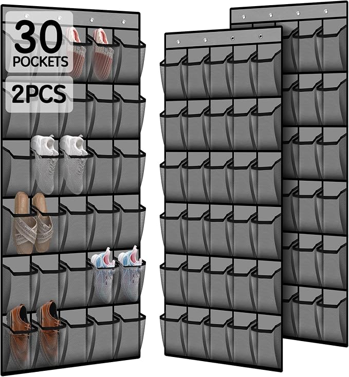 Kotkn Over the Door Shoe Organizer with 30 Breathable Mesh Pockets (2PC-Gray)