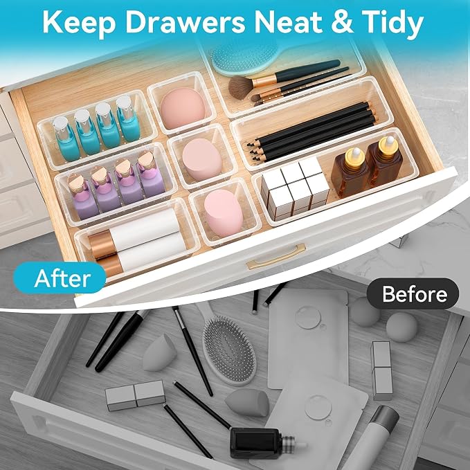 12 PCS Drawer Organizer Set, Makeup Organizers, Tool Storage Trays | 4 Sizes, Plastic, Stackable, Multiple Gadgets, Desk Drawer Divider Organizers, for Makeup, Office Supplies Storage