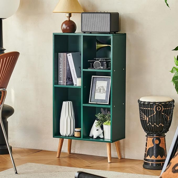 LEYAOYAO 5 Cube Bookshelf,Mid-Century Modern Bookcase with Legs,Dark Green | 3 Tier Book Shelf,Rustic Wood Bookshelves Freestanding Small Storage Organizer, Open Shelves for Bedroom, Living Room, Office