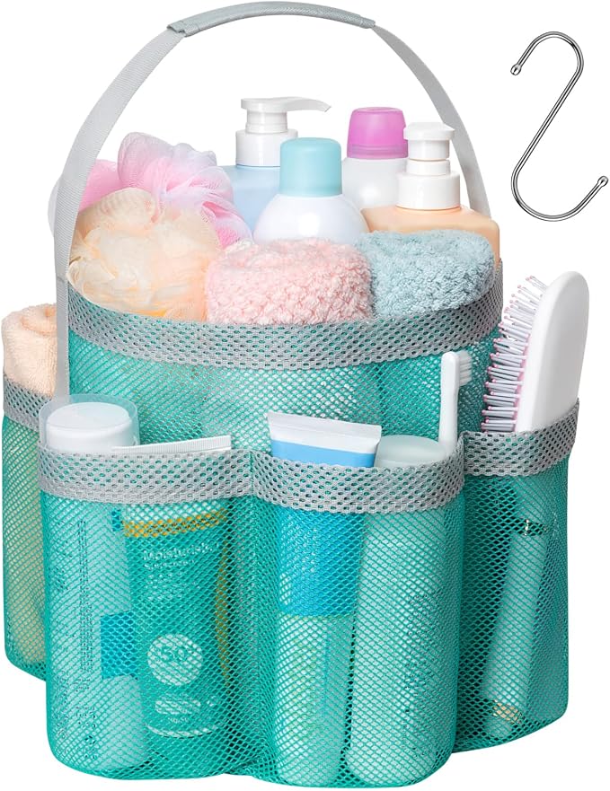 Mesh Shower Caddy Portable - 7 Pockets Large Shower Bag for Dorm, Camping | S-Hook, Quick-Dry, Hanging Toiletry Organizer, College Dorm Room Essentials for Girls, Gym, Travel & Bathroom, Mint Green