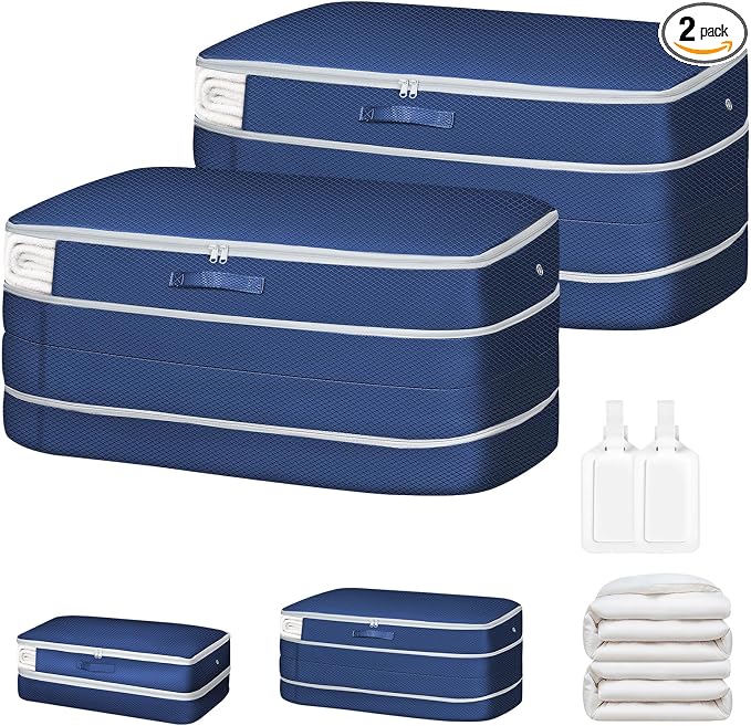 Comforter Storage Bag - Large Capacity Bedding Storage Bags Ultra Space Saving Self Compression Organizer, Washable Compression Bags for Storage Comforter Blanket Duvet, 2-Pack, Navy Blue