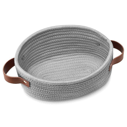 ABenkle Small Woven Basket, Mini Cotton Rope Storage Baskets, Tiny Easter Basket, Shelf Basket, Oval Decorative Toy Dog Cat Bin for Nursery, Empty Gift Basket, 9.4" x 5.9" x 3.9" XS