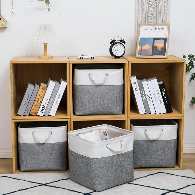 MidmmVick 13 x 13 Inch Cube Storage Bins, 6 Pack Extra Large Collapsible Fabric Storage Bin with Ropes, Foldable Storage Cubes for Home (White & Grey-13"x13"x13")