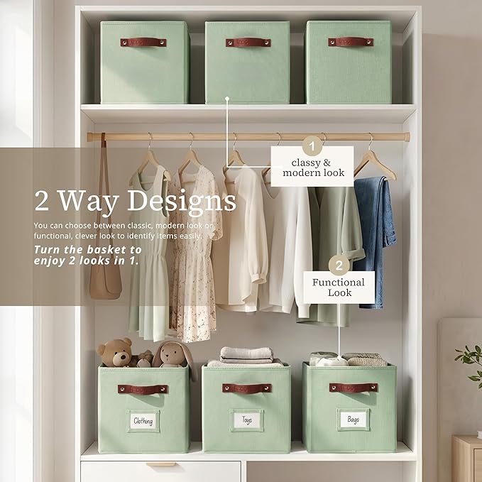 DECOMOMO Storage Bins, Cube Storage Bin with Labels | 13" x 13" x 13" Fabric Storage Cubes for Shelves (6pcs, Sage Green)