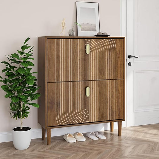 Smuxee Shoe Cabinet with 2 Flip Drawers, 31.5" Walnut Hidden Shoe Storage Cabinet with Line Groove Design, Freestanding Shoe Organizer Cabinet for Hallway, Entryway, Living Room