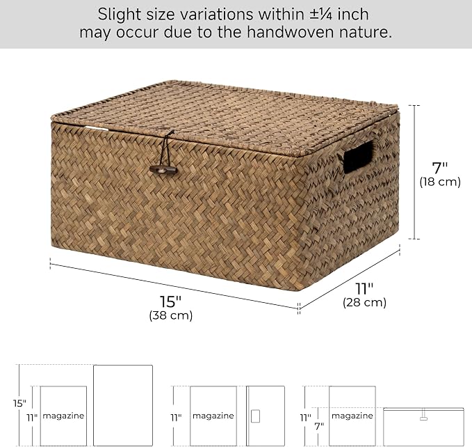 StorageWorks Wicker Baskets with Lid for Organizing, Seagrass Storage Baskets for Shelves, Decorative Box with Built-in Handles, Brown, Large, 1 Pack