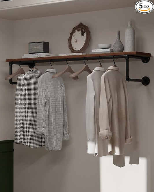 Clothes Rack 48in, Wall Mounted Garment Racks with Real Wood Shelf, Heavy Duty Hanging Clothes Rack, Multi-Purpose Hanging Rod, Space-Saving Closet Storage