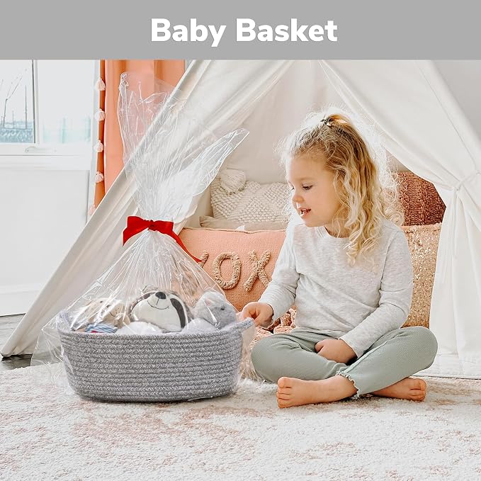 CHICVITA Small Woven Rope Gift Basket, Decorative Boo Basket, Grey | 13" x 10" x 5", Storage Baskets for Baby Shower & Nursery Essentials, Shelf & Closet Organization, Built-In Handles