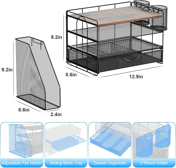 gianotter Desk Organizers and Accessories with File Holder, 4-Tier Desk Accessories & Workspace Organizers with Drawer and 2 Pen Holder, Paper Organizer for Office Supplies (Wood)