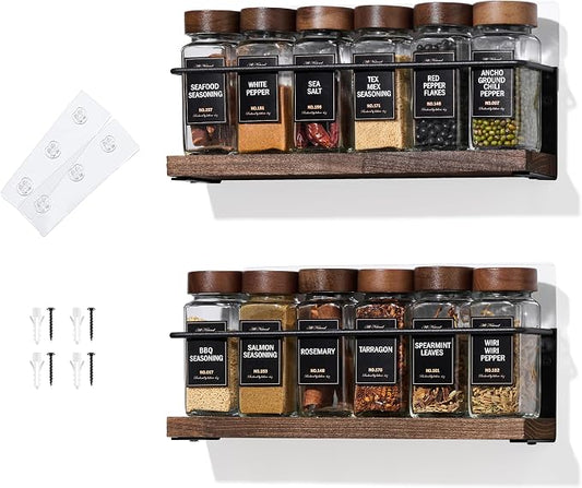 2-Tier Wall Mount Spice Rack Organizer - Screw/Adhesive Mount, Black Metal & Wood Spice Storage for Kitchen Pantry Cabinet, 11.6”L x 2.4”W x 3.2”H,Spice Jars Not Included