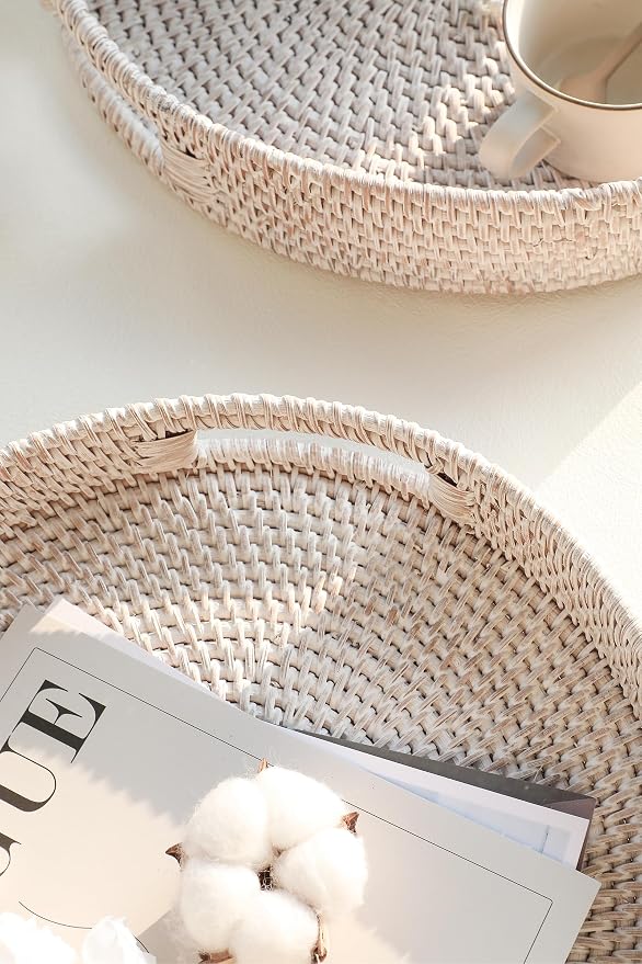 HITOMEN 11.8" Hand-Woven Round Rattan Serving Tray Decorative Wicker Trays with Handles for Coffee Table (Whitewash-M)