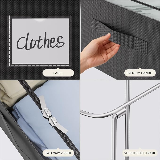 CYhom 3Pcs Under Bed Storage Bins with Metal Frame - Shoe Organizer for Closet with Clear Cover Oxford Fabric Sturdy Underbed Container Foldable Stackable Clothes Organizer (Black, 23.5x15.7x6.3)