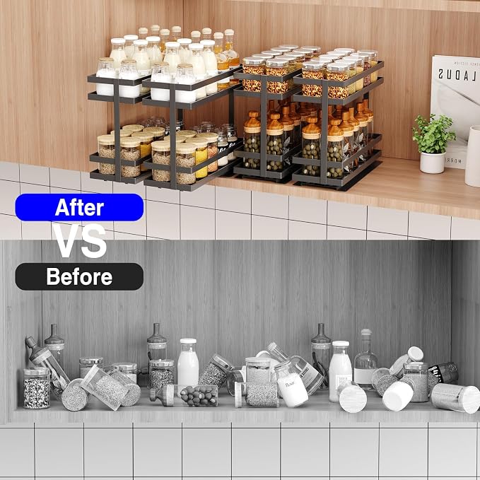 Mustorn Pull Out Spice Rack Organizer for Cabinet, 2 Tier Metal Slide Out Seasoning Organizer and Storage Heavy Duty Vertical Spice Rack Shelf Pullout for Kitchen Cabinets No Drilling(1 Pack, Black)