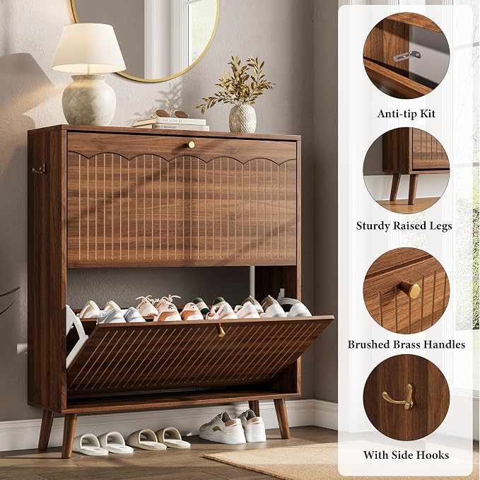 Nicetree Mid-Century Modern Slim Shoe Cabinet for Entryway, 9.5" Narrow Shoe Storage Cabinet with Architectural Arched Fluted Front, Entryway Shoe Storage with Adjustable Shelves,Classic Walnut