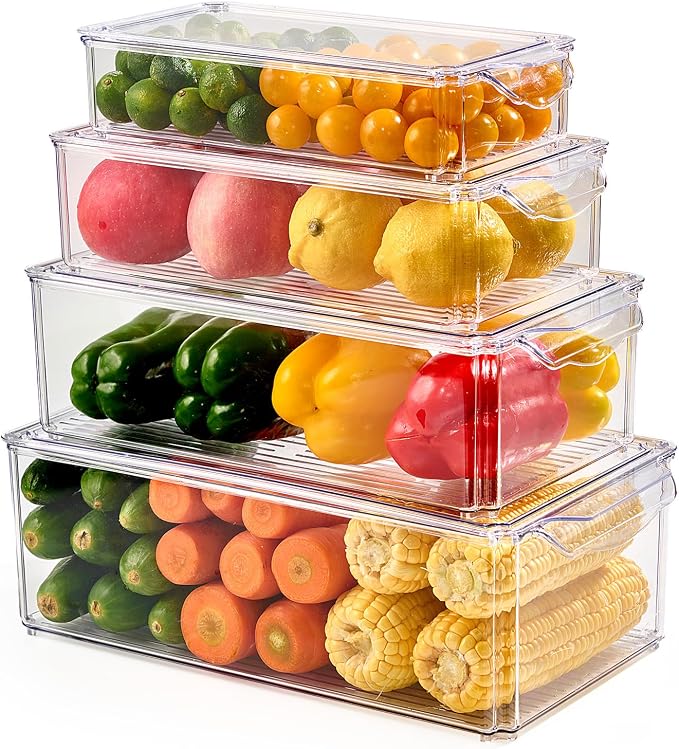 4 Piece Refrigerator Organizer Bins, Clear Fridge Organizers with Lids | Clear Fridge Storage, Food Storage Containers Clear and Stackable for Fruit, Vegetable, Drinks, Cereals