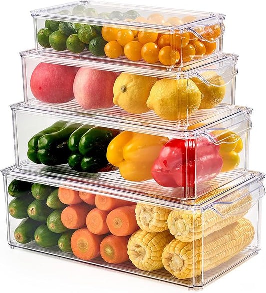 4 Piece Refrigerator Organizer Bins, Clear Fridge Organizers with Lids | Clear Fridge Storage, Food Storage Containers Clear and Stackable for Fruit, Vegetable, Drinks, Cereals