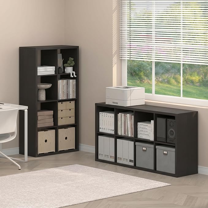Furinno Cubicle Book Shelf Set of 2, 8-Cube Bookshelf, Black Dark Oak | 14.6 x 30 x 57.9, Thick Frame, Horizontal & Vertical Reversible Bookcase, Open Back, for Living Room, Bedroom, Home Office