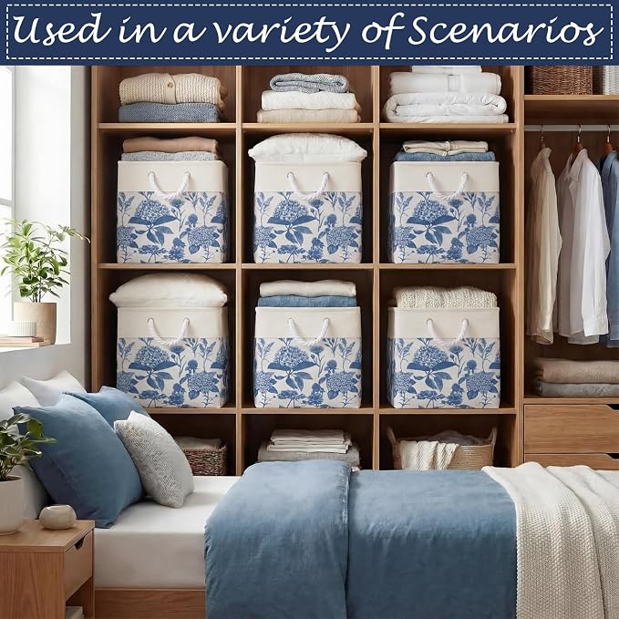LemonRoad 6 Pcs Blue Hydrangea Cube Storage Bins 11.22 Inch Square Storage Basket with Handle, Preppy Girls Organizer Basket, Collapsible Fabric Box for Classroom Bedrooms Office Home Decoration Gift