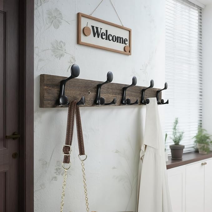 WEBI Coat Rack Wall Mount,30" Solid Wood Coat Hooks Wall Mounted Coat Hanger,16" Hole to Hole,Heavy Duty Hook Rack Rail,5 Triple Hooks for Hanging Coats,Jacket,Clothes,Hat,Weathered Brown,2 Packs