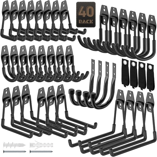 Heavy Duty Garage Hooks for Storage & Hanging Items, 40-Pack | for Hanging Bikes, Hoses, Ladders, Ropes, Garden Tools; for Garage, Warehouse, Yard, Shed